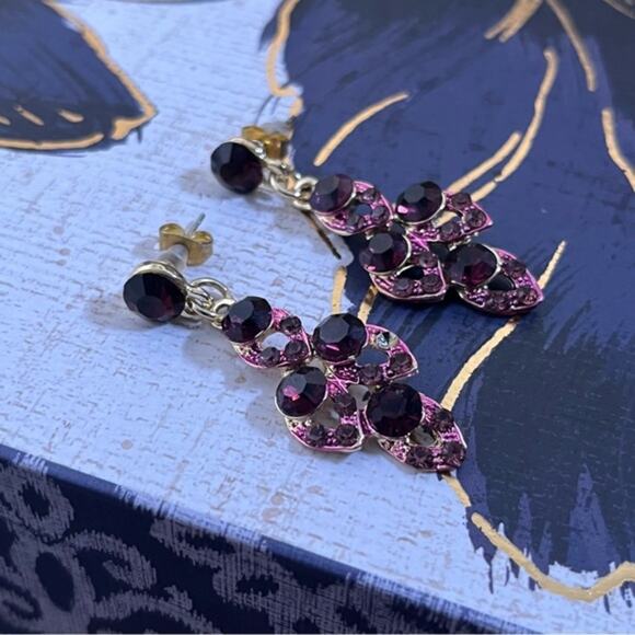 Vintage y2k 00s Elegant Pink Gold and Black Sparkling Crystal Dangle Earrings C2 - Picture 1 of 5